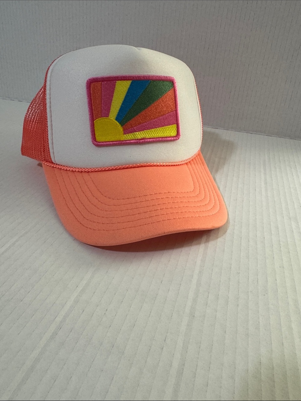Katydid Coral Pink Patch Trucker Hat with Sunrise Motif 173